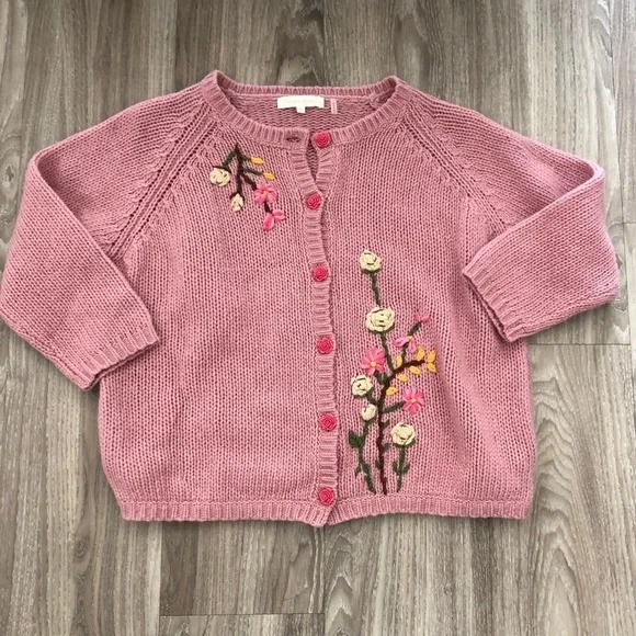 LoveShackFancy Anastasia Embroidered Floral Pink Cardigan RARE